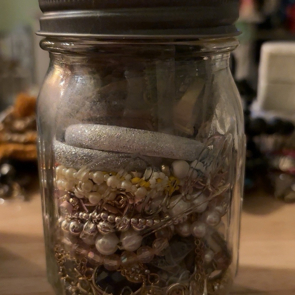 Mixed Costume Jewelry in Decorative Glass Jar - Gold Tones & Accents - Picture 3 of 8